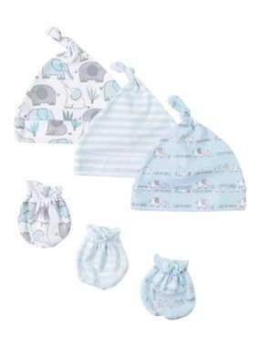 Baby Elephant Print Hat and Mittens Set - Blue and White